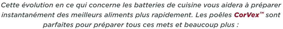 Cette évolution en ce qui concerne les batteries de cuisine vous aidera à préparer instantanément des meilleurs aliments plus rapidement. Les poêles CorVex™ sont parfaites pour préparer tous ces mets et beaucoup plus :